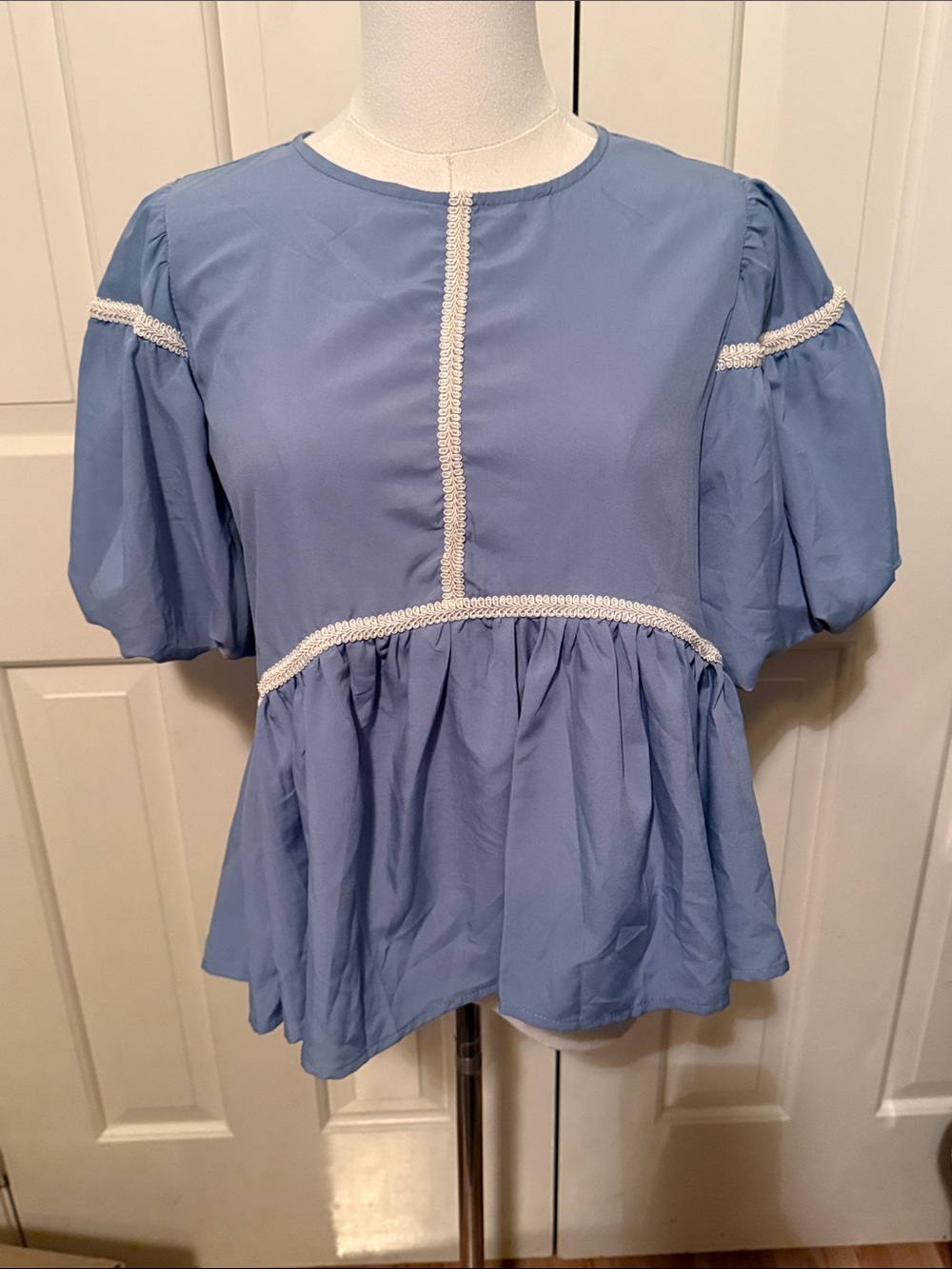 She + Sky Sky Blue Peplum Top with White Braided Trim